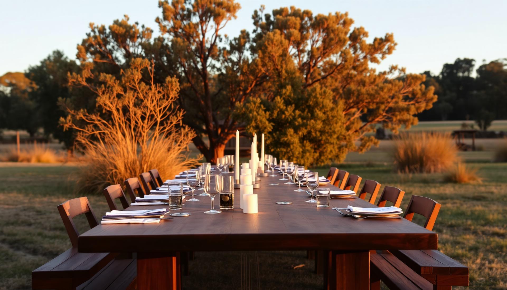 Long hardwood outdoor dining table set at golden hour