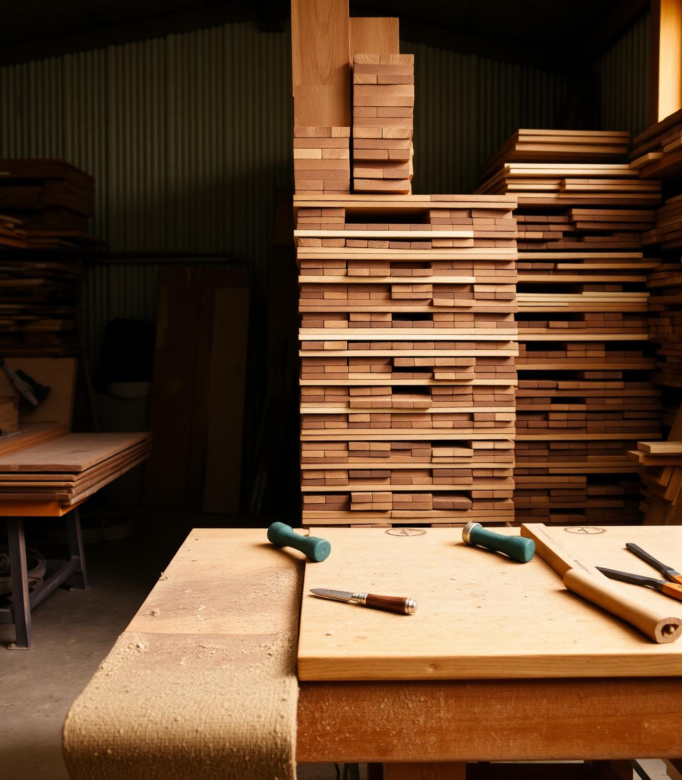 Hardwood timber stacked in a workshop